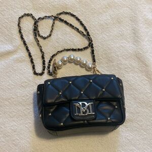 Badgley Mischka black purse with pearls and gold chain straps handbag crossbody